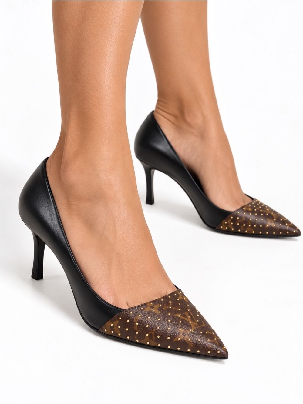 NEW LOUIS VUITTON Cherie Studded LV Monogram Black & Brown Pumps IT36.5